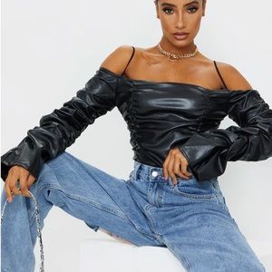 Pretty Little Thing Black Leather Bodysuit Size 10/Large